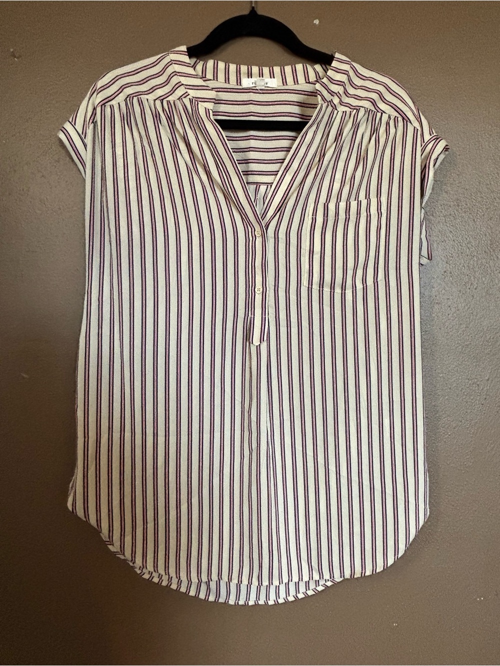 PLEIONE MEDIUM Striped Short-Sleeve V-Neck Blouse - Cream with Burgundy Stripes